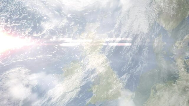 Earth zoom in from space and focus on Alloa, Scotland, Clackmannanshire, Great Britain. Background for travel intro or blog. Satellite view. 3D style Animation. Images from NASA.