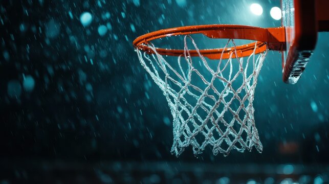 A close-up of a basketball hoop captured in the rain, illuminated by bright lights, emphasizing the beauty and solitude of nighttime sports and nature's elements. - Powered by Adobe