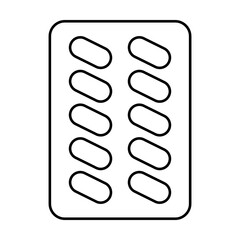 Outline pill, blister isolated on white background. Vector drugs packaging, pharmacy products for health. Outline painkillers, antibiotics, vitamins, aspirin, drug