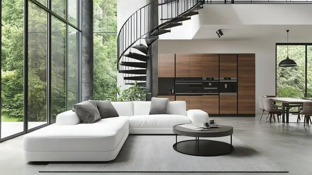 Modern open-plan living area with spiral staircase