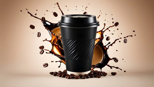 A black coffee cup with a splash of coffee and coffee beans on a brown background. Concept of warmth and comfort.  - Powered by Adobe
