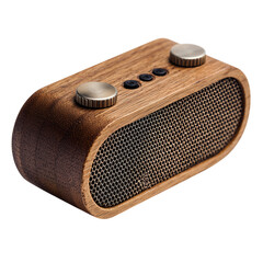 Old wooden radio with classic dial and speaker, a vintage music receiver for broadcast audio, isolated on a white background