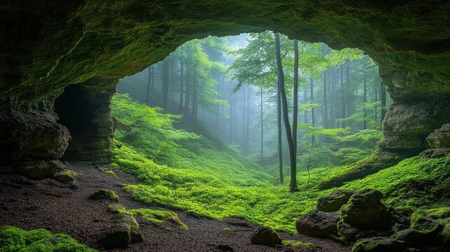 Cave opening to lush, misty forest