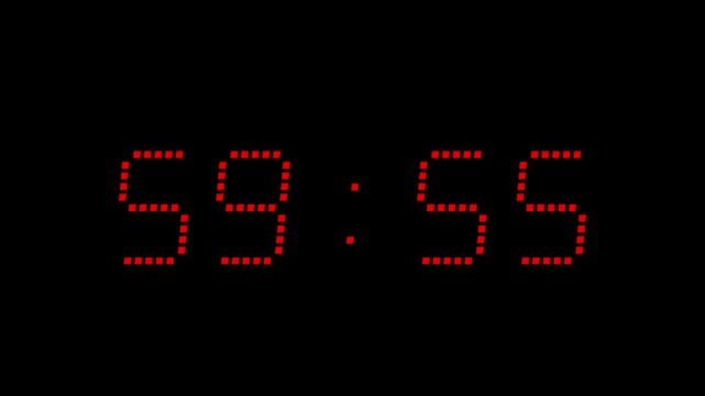 Countdown timer from 1 hour to 59 minute with red digital clock suitable for deadlines, time management, time is running out and countdown themes in design projects