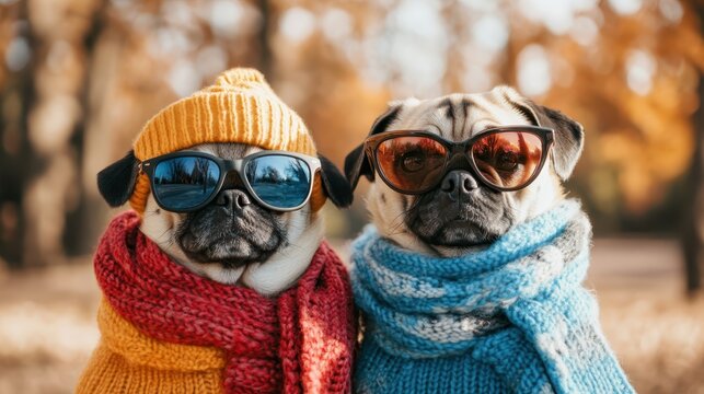 Two adorable pugs dressed in matching bright scarves and sunglasses, set against a backdrop of autumn trees showcasing their playful and fashionable personalities.
