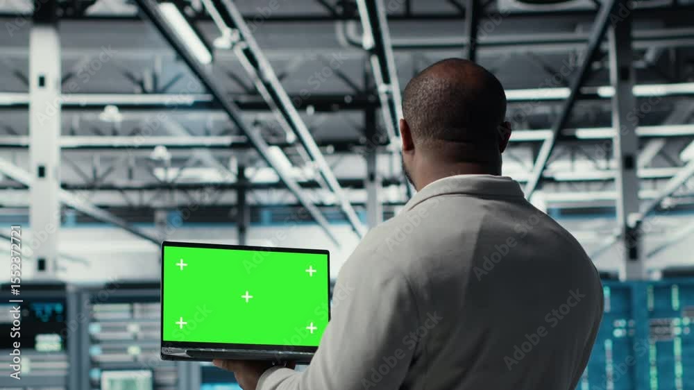 Poster data center admin using isolated screen laptop to monitor neural network ai. server room employee us
