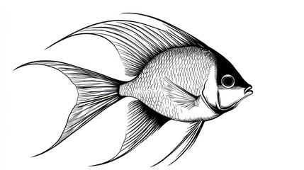 Black-and-white drawing of a fish with flowing fins and detailed scales