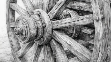 Close-up shows wooden wagon wheel with detailed spokes, hub, and axle in monochrome