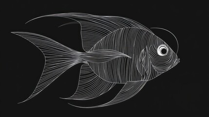 Intricate white-lined illustration of an angelfish swimming against a dark background