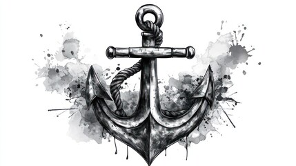 Detailed, artistic rendering of a metal anchor with rope, over grey ink splatters