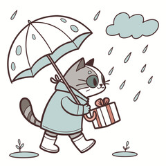 Content expression on a Grumpy Cat in a Rainy day theme, with carrying a gift box – Raindrop Calm vector art
