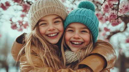 Obraz premium Two young girls embrace joyfully amid blossoming cherry trees, radiating happiness and friendship, capturing the essence of childhood and beautiful spring moments.