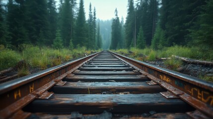 Fototapeta premium A serene railway track stretches through a foggy forest, illustrating the theme of journey and exploration while surrounded by lush greenery and tranquility.