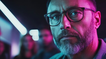 A close-up portrait of a serious man wearing glasses, exuding intensity and depth of thought amidst a backdrop of colorful lights and shadows reflective of his personality.
