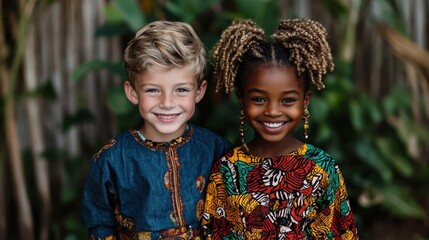 This vibrant and lively image features two diverse children dressed in colorful traditional outfits, symbolizing unity, diversity, and the beauty of cultural heritage.