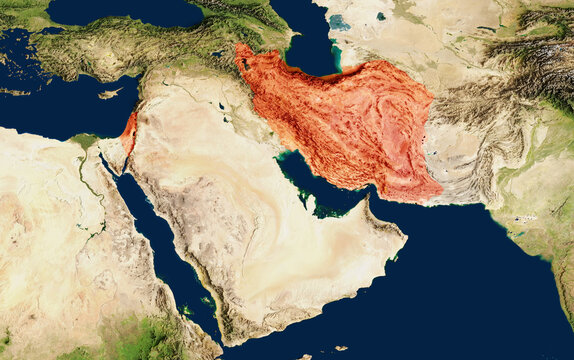 Map showing the conflict between Israel and Iran. 3D rendering of a map of the Middle East, focusing on Israel and Iran.