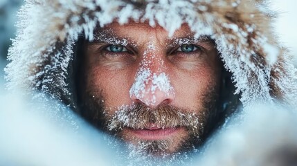 A determined man in winter clothes stares directly at the camera, evoking strength and resilience against a backdrop of frosty, challenging conditions in a snow-covered environment.