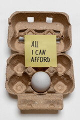 Food prices too high – single egg in cardboard carton with note about affordability