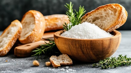 Fototapeta premium A wooden bowl filled with salt surrounded by fresh bread and herbs highlights the essence of cooking, celebrating natural ingredients in a beautifully styled kitchen scene.