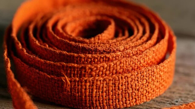 Close-up of orange burlap ribbon rolled on wooden surface