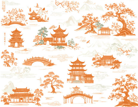 Elegant pattern inspired by traditional Chinese patterns, featuring burnt orange pagodas, bridges, green trees, and figures on a soft white background. 