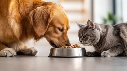 A golden retriever and a grey cat share a meal from the same bowl, showcasing the adorable companionship between pets in a cozy indoor setting.
