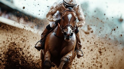 Fototapeta premium An intense moment captured as a jockey rides a muddy horse during a thrilling race, showcasing the adrenaline and speed typical of horse racing events.