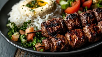 This mouthwatering platter features grilled meat skewers served with fluffy rice, zesty hummus, fresh vegetables, and garnished herbs creating a delightful culinary experience.