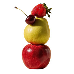 Two sweet, fresh red cherries and a ripe green pear are isolated on white, a delicious and healthy fruit dessert