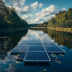 floating solar panels on still lake, serene mood, high resolution