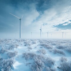 wind turbines in snow-covered plains, cold tones, atmospheric
