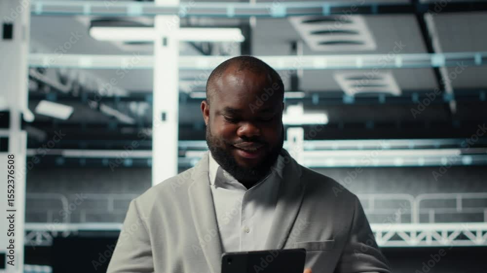 Poster cheerful data center programmer using tablet to manage software updates for system stability. joyous