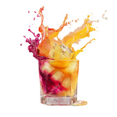 A cold orange juice splash in a glass with ice