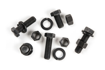 Nuts and bolts isolated on white background. Top view