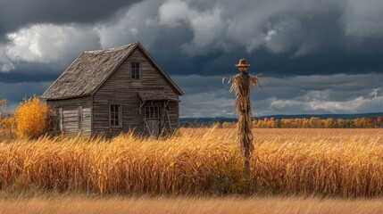 Rustic Farmhouse and Scarecrow in Autumn Cornfield