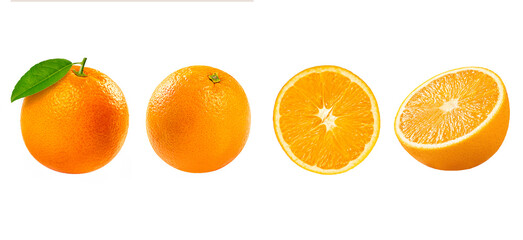 Fresh whole orange fruit with cut in half and leaves  isolated on white background.