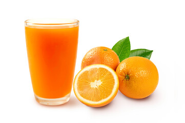 Orange juice in glass with orange fruit with half and leaves isolated on white background.