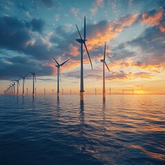 offshore wind farm in calm sea, dramatic clouds, cinematic angle