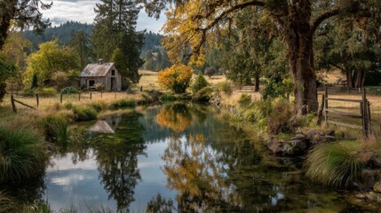 Autumn Reflection in a Rustic Pond