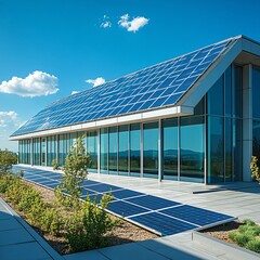 solar panels on modern building roof, blue sky, architectural shot