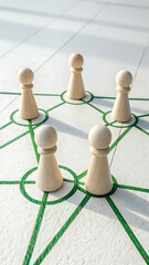 Wooden Figures Network Green Lines White Surface connection