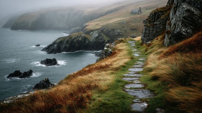 Coastal Stone Path on a Misty Ocean Cliff