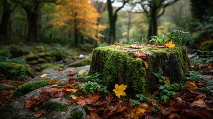 Moss Covered Tree Stump in Autumn Forest