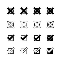 Zestaw czarno-białych ikon checkbox – zaznaczenia i przekreślenia. Wektorowy zestaw do wykorzystania w projektach.