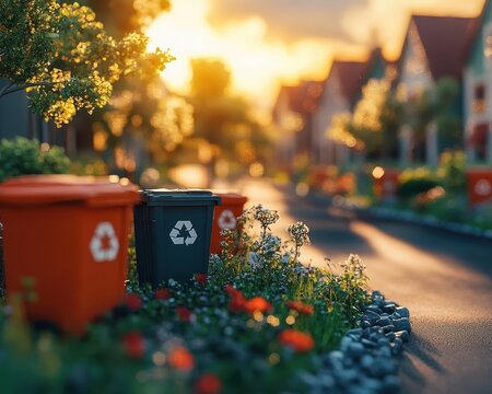 Ecofriendly neighborhood with recycling bins, families participating in green living, warm lighting