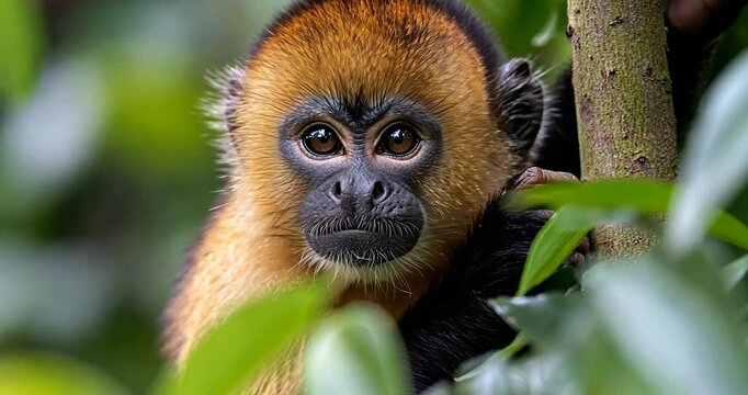 Close up portrait of a young monkey face with brown and gold fur looking at camera between green leaves in natural light