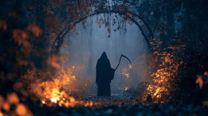 Silhouette of Grim Reaper in Fiery Forest at Night