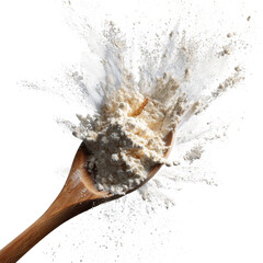 A wooden spoon holds sea salt, isolated against a white background