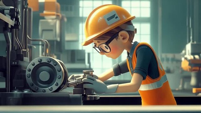 The animated illustration shows an engineering worker wearing a helmet, holding blueprints beside tall machines.
