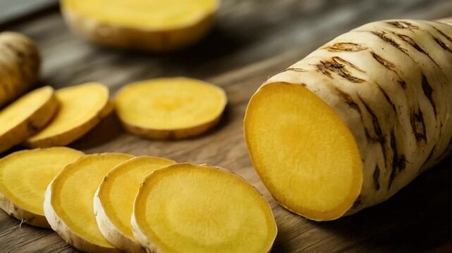 A potato is being sliced into thin pieces, each cut revealing its smooth, pale interior.
